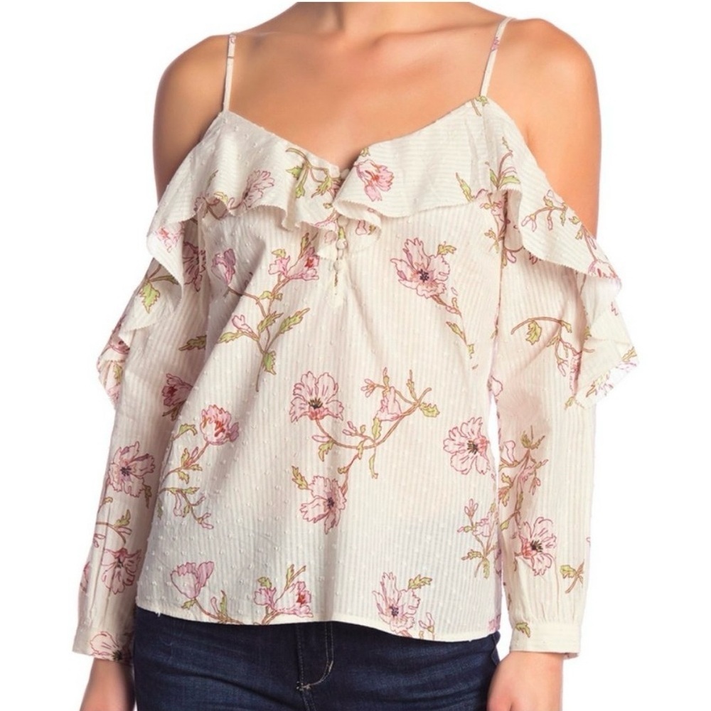 PAIGE Cream Cold-Shoulder Floral Ruffle Top